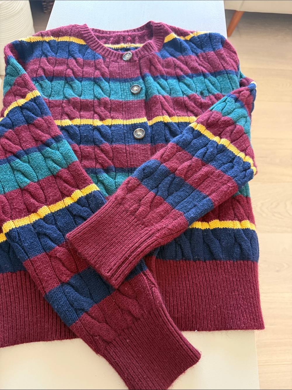 Source Unknown Striped Cable-Knit Cardigan in Burgundy, Navy, Teal & Yellow